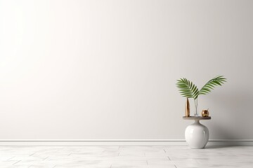 Interior background of room with white wall. Vase with palm leaf on decorative accent table. Empty mock up wall and marble flooring. Modern home decor. 3d, Generative AI