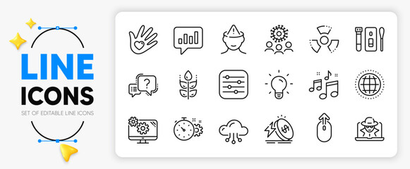 Coronavirus, Mental health and Light bulb line icons set for app include Swipe up, Globe, Analytical chat outline thin icon. Music, Question mark, Cogwheel timer pictogram icon. Vector
