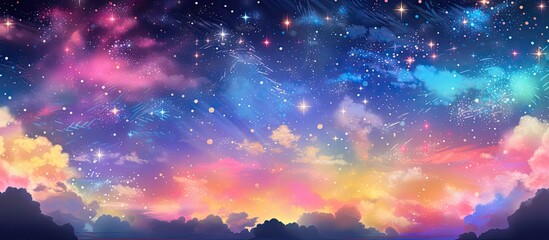 The abstract background design of the sky in the banner art illustration for the party is adorned with vibrant lines bursts of light and a mesmerizing space filled with fireworks stars and c - obrazy, fototapety, plakaty