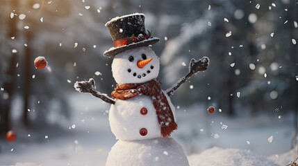 Fototapeta premium Handcrafted snowman with a top hat and carrot nose, amidst falling snow AI generative