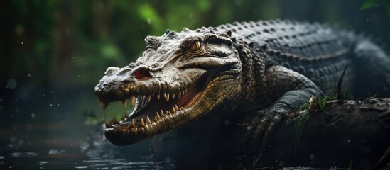 In the wild the alligator with its sharp teeth and keen eyes is a fierce hunter navigating the murky waters of the swamp and river while being a captivating and powerful reptile and carnivor - obrazy, fototapety, plakaty