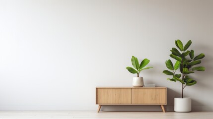Simple and elegant home setting with a wooden sideboard and lush indoor plants.