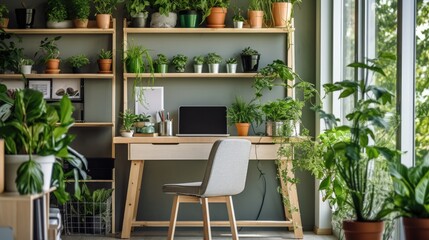 Fototapeta na wymiar Cozy home office nook with wooden desk surrounded by a vibrant collection of houseplants and natural light.