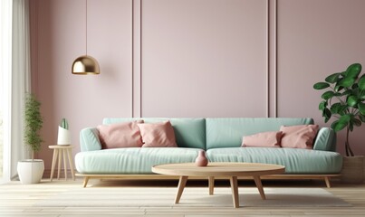 Pink sofa in modern living room. Contemporary interior design of room with mint wall and wooden coffee table. Home interior with poster. 3d rendering, Generative AI