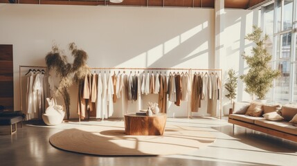Sunlit boutique interior with neatly arranged clothing, wooden accents, and indoor plants.