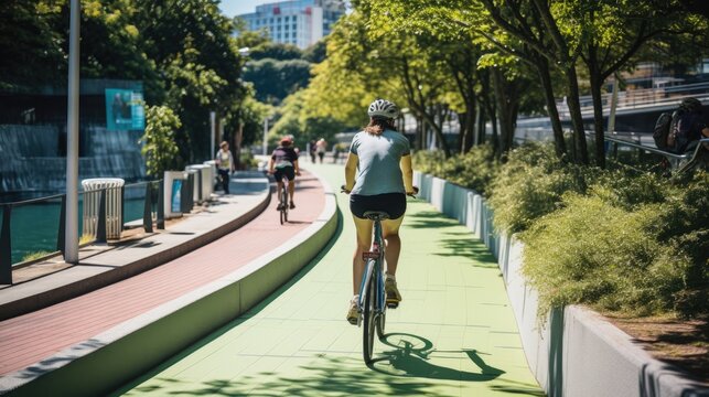 Cyclists riding on a sunlit green bike lane in an urban park with lush trees.