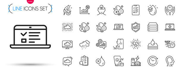 Pack of Time change, Quick tips and Cloud communication line icons. Include Hypoallergenic tested, Waterproof, Inspect pictogram icons. No waterproof, Sunscreen, Safe time signs. Vector