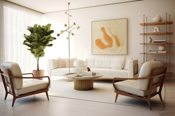 Interior design of mid-century living room with white furniture. Generative AI