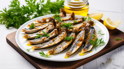 Anchovies marinated in olive oil and cooked at low temperature on a white plate.
