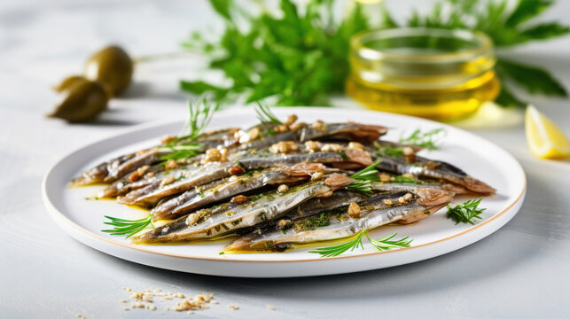Anchovies marinated in olive oil and cooked at low temperature on a white plate.