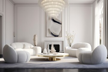 Modern interior design of luxury apartment, living room with white sofa, round armchairs. Accent coffee table and chandelier. Home interior with furry, Generative AI