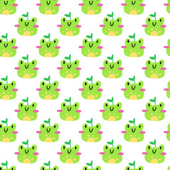 Cute frog pattern. Vector seamless pattern with kawaii characters on white background