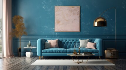 Interior of living room with blue sofa 3d rendering, Generative AI
