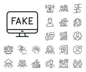 Propaganda conspiracy tv sign. Specialist, doctor and job competition outline icons. Fake news line icon. Wrong truth symbol. Fake news line sign. Avatar placeholder, spy headshot icon. Vector