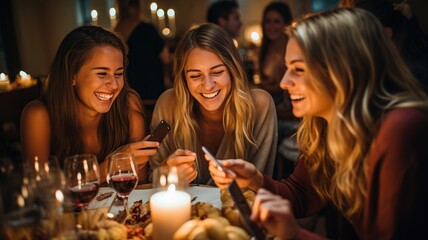 Obraz na płótnie Canvas Grupo de amigas jovenes de 24 años disfrutando de una cena con copa de vino en un bar o restaurante.Cena festiva y fiesta para disfrutar.