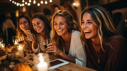 Grupo de amigas jovenes de 24 años disfrutando de una cena con copa de vino en un bar o restaurante.Cena festiva y fiesta para disfrutar. - obrazy, fototapety, plakaty