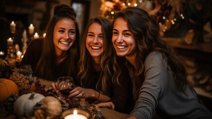 Grupo de amigas jovenes de 24 años disfrutando de una cena con copa de vino en un bar o restaurante.Cena festiva y fiesta para disfrutar.