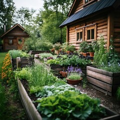 Fototapeta na wymiar Wooden raided beds in modern garden growing plants herbs spices vegetables and flowers near a wooden house in the countryside - Generative AI