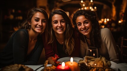 Grupo de amigas jovenes de 24 años disfrutando de una cena con copa de vino en un bar o restaurante.Cena festiva y fiesta para disfrutar. - obrazy, fototapety, plakaty