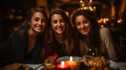 Selbstklebende Fototapeten Grupo de amigas jovenes de 24 años disfrutando de una cena con copa de vino en un bar o restaurante.Cena festiva y fiesta para disfrutar. © Crowded Studio