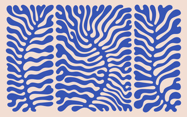 Abstract plant set, modern art style. Botanic vector illustration in blue color. Matisse plants style in art. Vector design. Three coral branches in rectangle. Retro poster