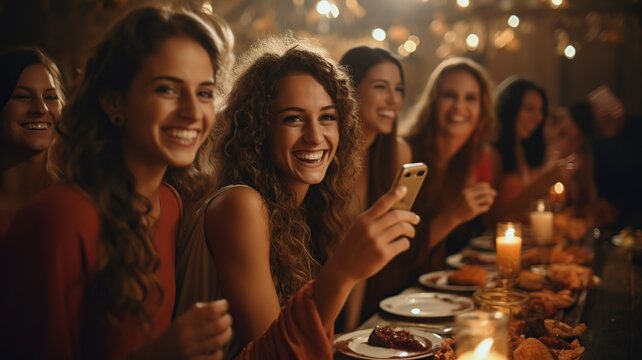Grupo de amigas jovenes de 24 a&ntilde;os disfrutando de una cena con copa de vino en un bar o restaurante.Cena festiva y fiesta para disfrutar.