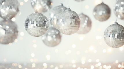 Glam New Years Eve or birthday party celebration background with golden balloons, disco balls, confetti. Festive wide web banner with disco balls, copy space