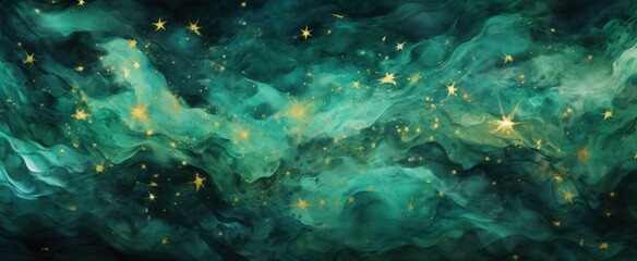 Naklejka na ściany i meble Green and golden stars abstract ink paint liquid background. Green and golden texture with stars surface. Dark green aqua abstract painted wavy background