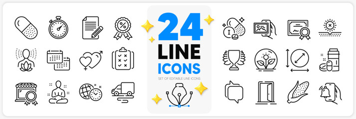 Icons set of Yoga balance, Time management and Alarm clock line icons pack for app with Circle area, Best market, Iodine mineral thin outline icon. Article, Capsule pill, Image album pictogram. Vector