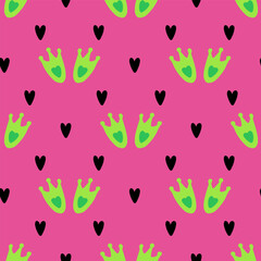 Cute frog pattern. Vector seamless pattern with kawaii characters on pink background