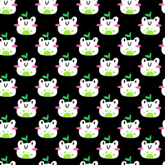 Cute frog pattern. Vector seamless pattern with kawaii white characters on black background