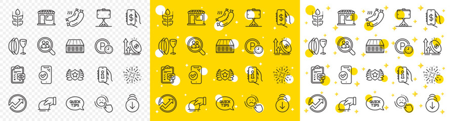 Outline Dish plate, Selfie stick and Excise duty line icons pack for web with Mattress, Scroll down, Eye checklist line icon. Dislike, Laureate, Support pictogram icon. Money app. Vector