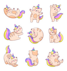 Obraz premium Cute kawaii cat unicorn. Funny cartoon kitten. Hand drawn style. Vector drawing. Collection of design elements.