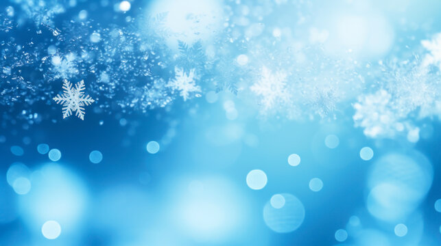 blue christmas background with snowflakes and bokeh lights