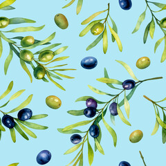 Watercolor seamless pattern of black and green olives isolated on a blue background.