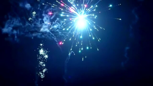 Best beautiful color fireworks in night sky. Slow motion, outdoor, show, event, party, festive, holiday, effect, bright, light, flash, shiny, fun, dark, motion, view, shot, close up, hd. ProRes 422 HQ