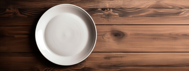 A white plate stands on a wooden table. AI Generated