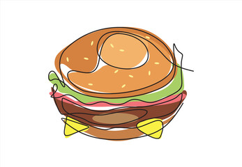 Continuous one line drawing of burger. Single line drawing of hamburger . Silhouette of fast food restaurant burger with cheese, cutlet and salad. Modern design street food logo, banner