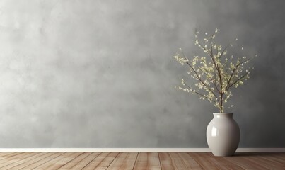 Interior background of room with stucco wall and vase with branch 3d rendering, Generative AI