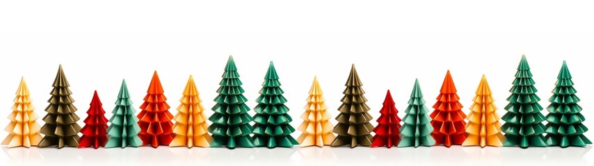 Merry Christmas advent holiday cekebration greeting card banner panorama long - Group collection of colorful 3d christmas trees decoration, isolated on white table background texture