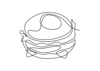 Continuous one line drawing of burger. Single line drawing of hamburger . Silhouette of fast food restaurant burger with cheese, cutlet and salad. Modern design street food logo, banner
