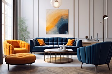 Orange tufted sofa and dark blue armchair and pouf. Interior design of modern living room. Created with generative AI, Generative AI