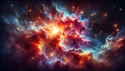 Stellar nebula in outer space, with a vivid tapestry of colors from deep reds and oranges to bright blues and purples, illuminated by starlight and interwoven with beams of light.