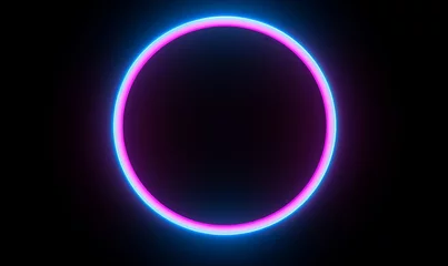 Tuinposter Round circle picture frame with two tone neon color shade motion graphic on isolated black background. Blue and pink light moving for overlay element, Generative AI © Akanksha