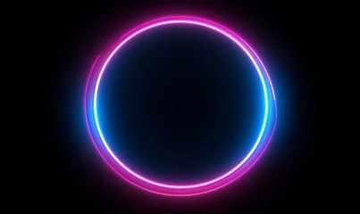 Tuinposter Round circle picture frame with two tone neon color shade motion graphic on isolated black background. Blue and pink light moving for overlay element, Generative AI © Akanksha