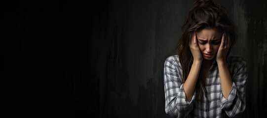 Depressed woman crying with head up on hands on dark background