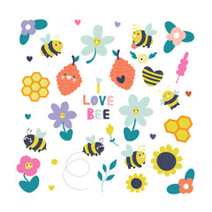 Vector set of bee elements: honey, bee, flowers, honeycomb, jar of honey isolated on white background, kawaii style
