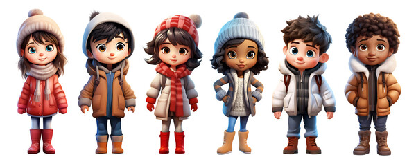 Cute Cartoon Realistic Happy Children Dressed in Winter Clothes Characters Set - obrazy, fototapety, plakaty