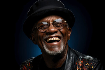 portrait of aged black skin man laughing.