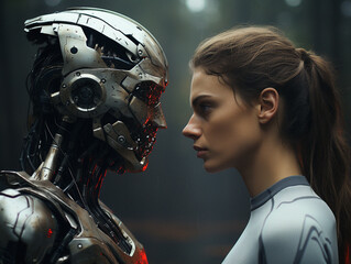 Fototapeta premium Sci-Fi Faceoff, Half Robot, Half Human